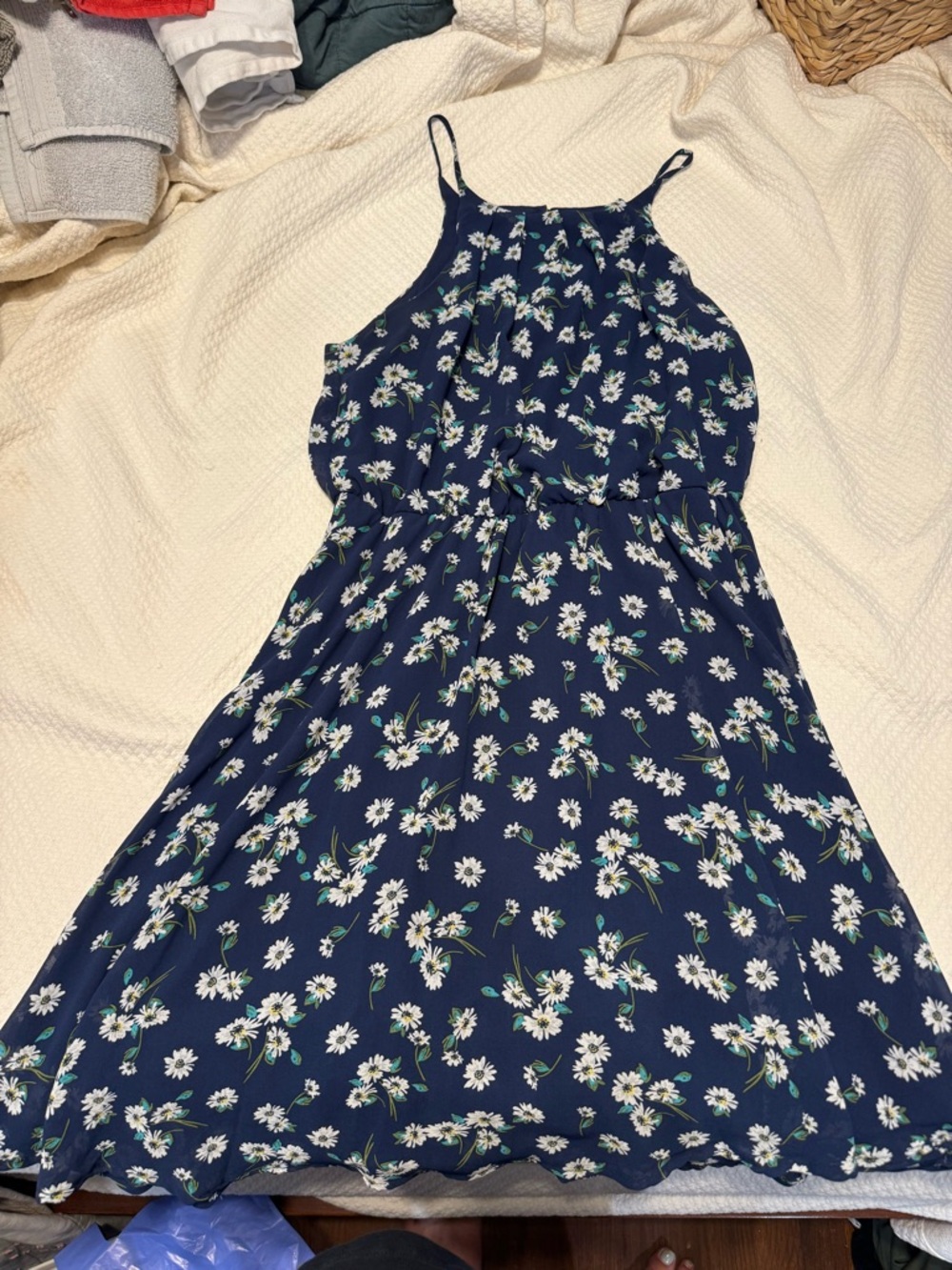 Navy Floral Dress with White & Teal Accents